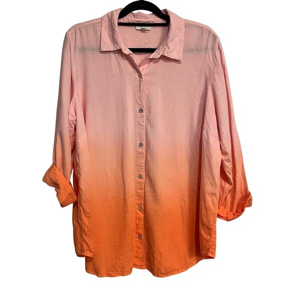 J. Jill Blouse Top Button Front Shirt Pink Orange Gradient Linen Blend Size XL - Picture 1 of 6